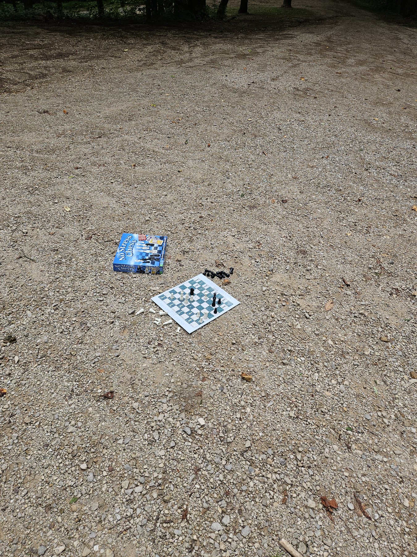 A chess set placed on the gravel during campsite unloading