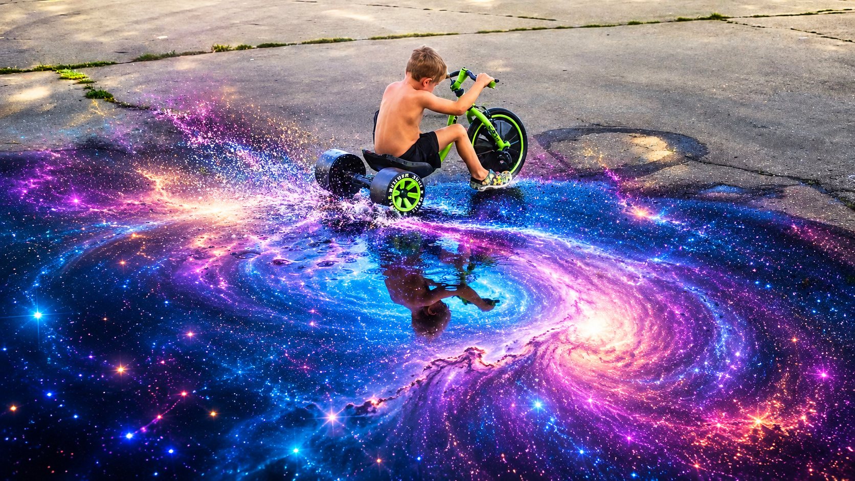 AI-edited image of George riding his Big Wheel across a glowing galaxy puddle