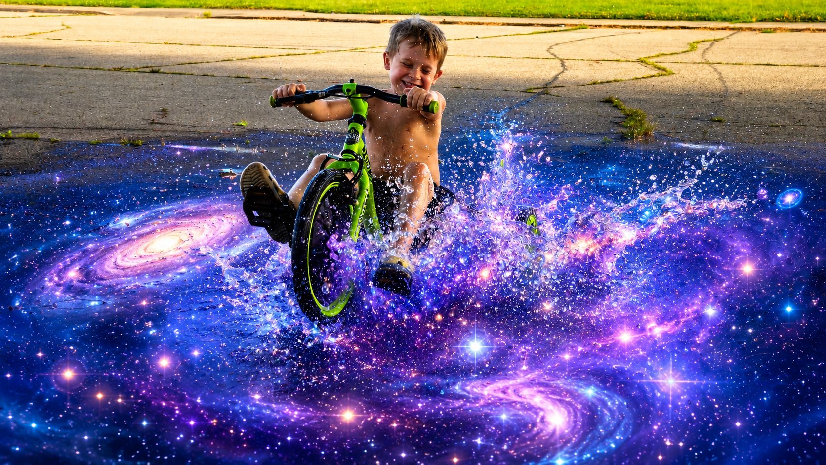 AI-edited image of George splashing his Big Wheel through a galaxy-filled puddle